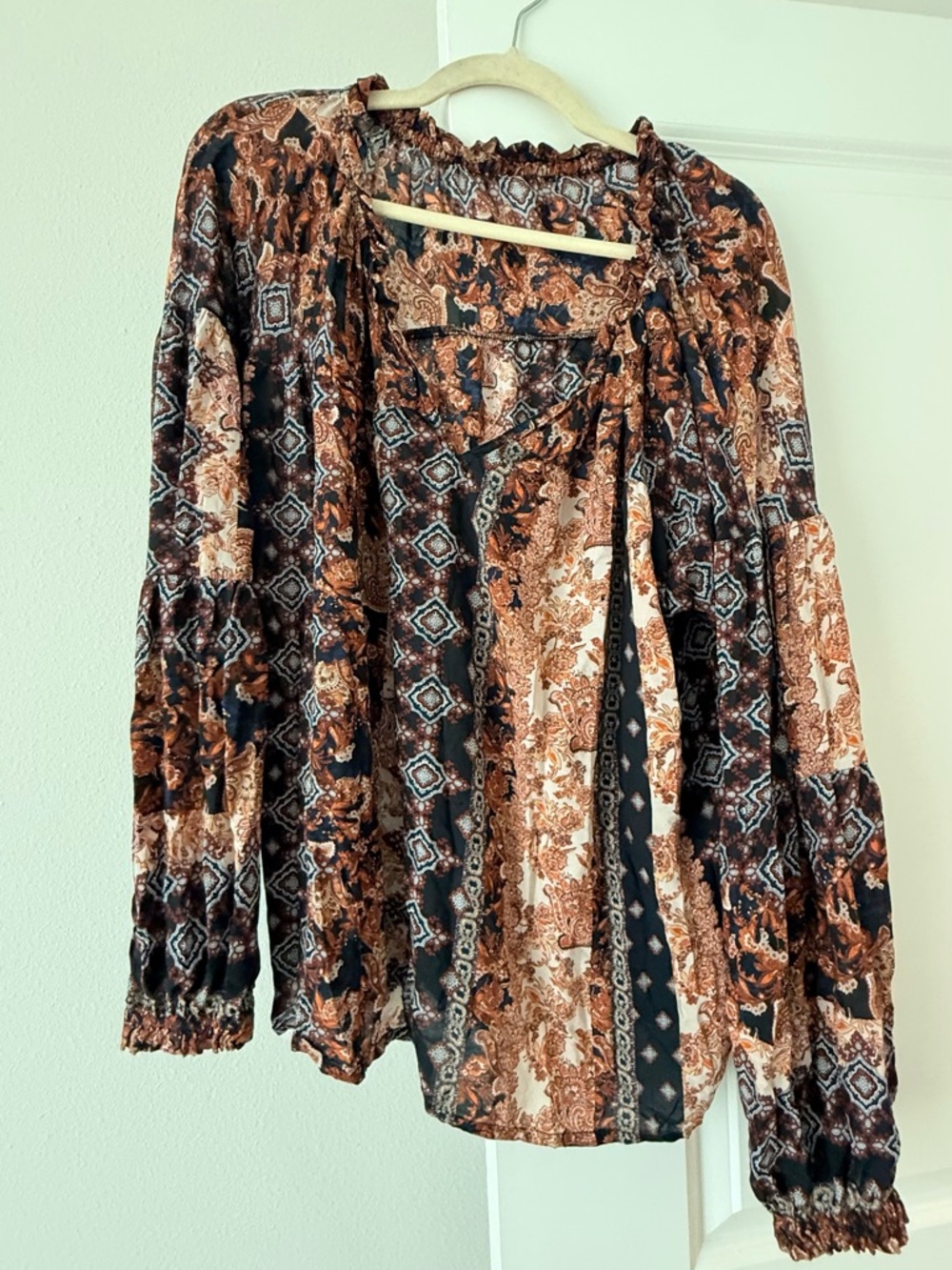 🔥$10 FINAL PRICE🔥 Women's Boho Paisley Peasant Blouse - Brown Multi - Picture 3 of 6